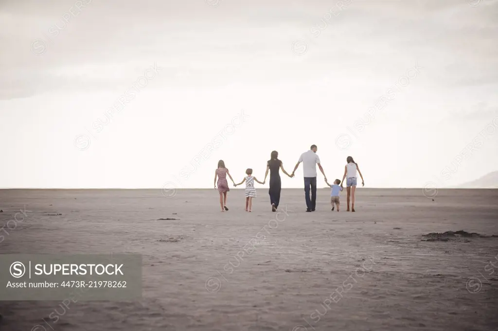 A family on the beach, two adults and four children. 