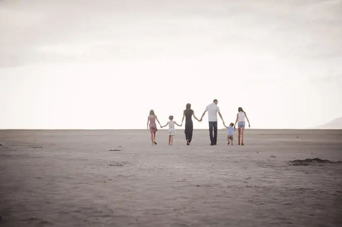 A family on the beach, two adults and four children. 