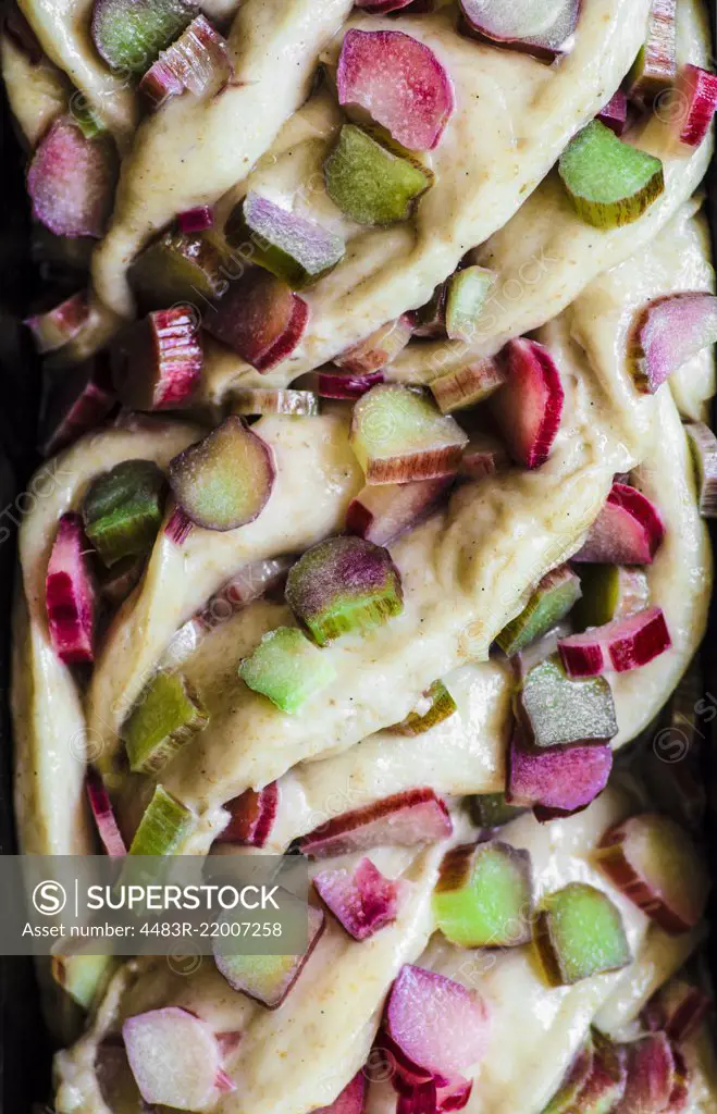 Rhubarb brioche twisted raw dough macro.