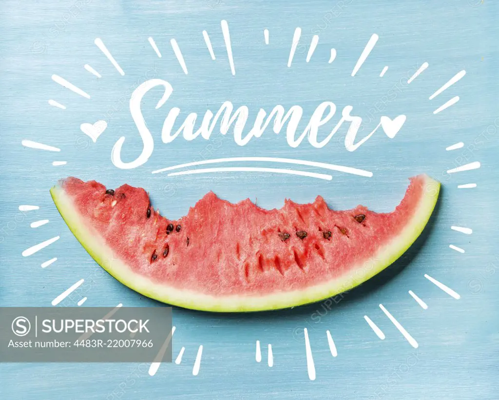 Summer concept illustration. Slice of watermelon on turquoise blue background, top view. White lettering inscription