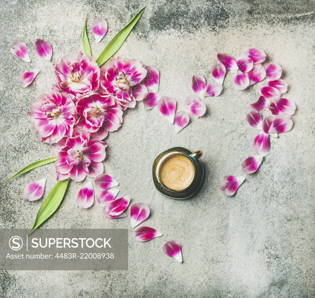 Spring morning concept. Flat-lay of cup of coffee surrounded with pink tulip flowers and petals in shape of heart over grey marble background, top view, copy space