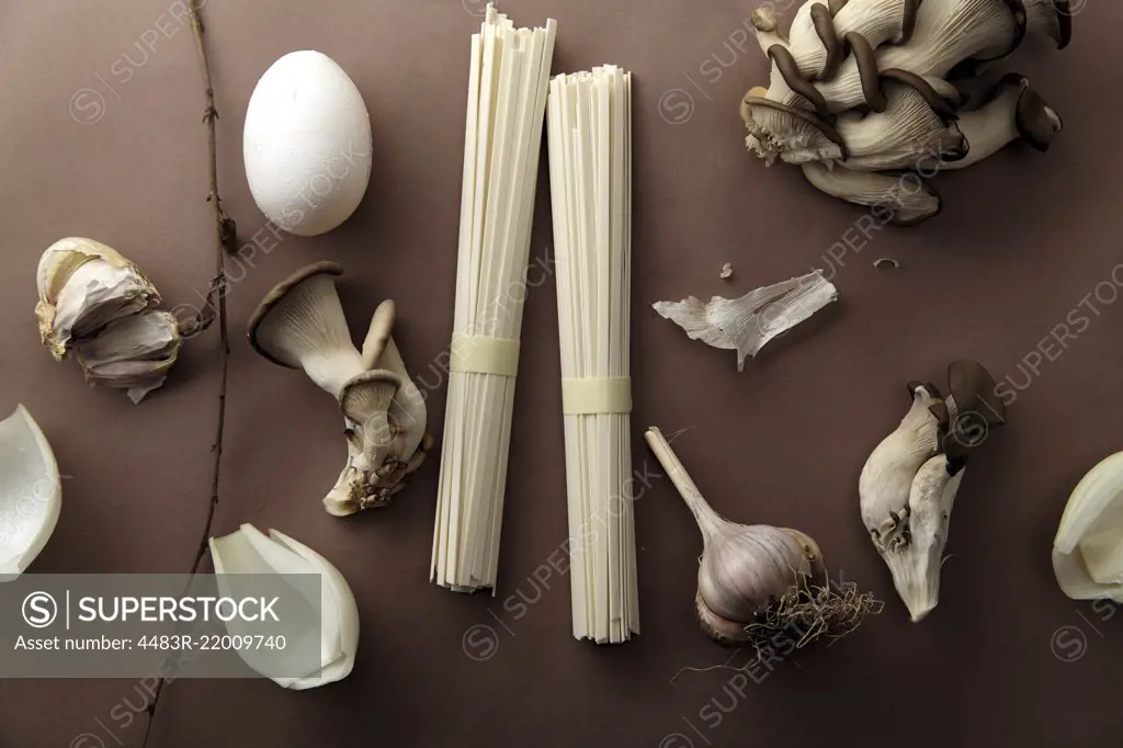 Asian cuisine ingredients on brown background. Monochromatic concept