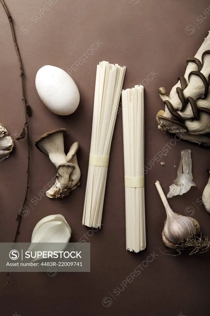 Asian cuisine ingredients on brown background. Monochromatic concept