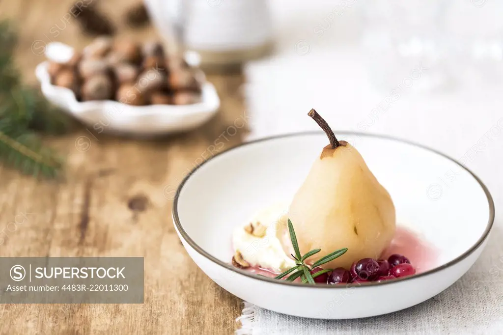 Cranberry Poached Pears with mascapone cheese dessert