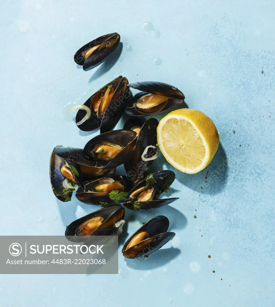 Mussels and lemon on blue background