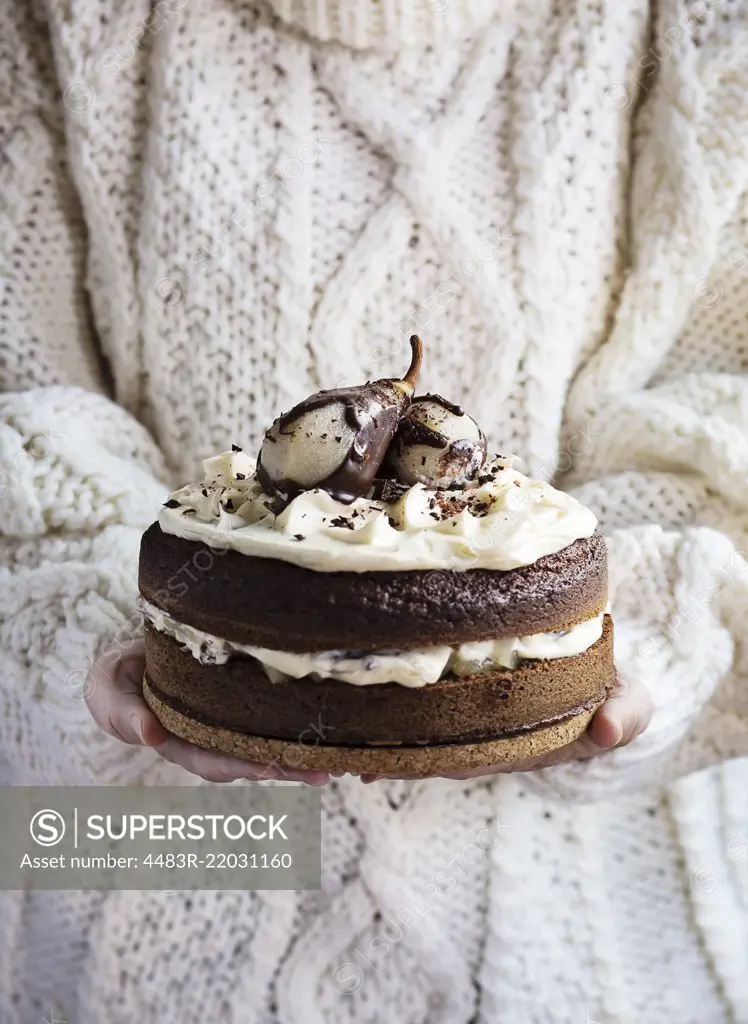 Woman's hands holding a chocolate cake