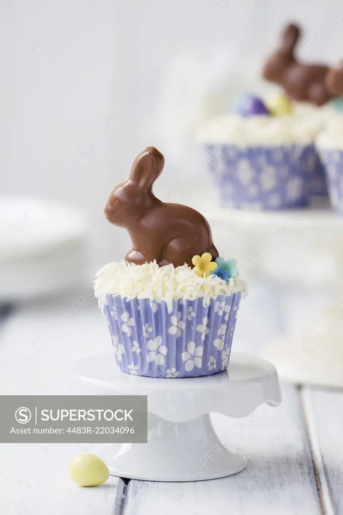 Cupcakes decorated with chocolate Easter bunnies