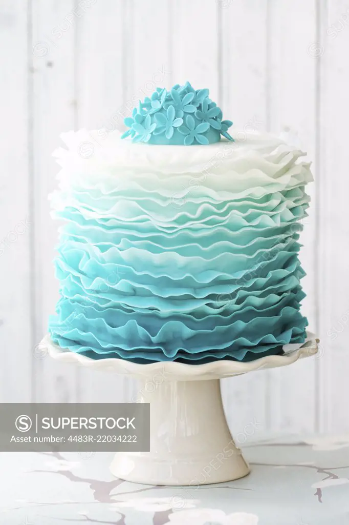 Ombre ruffle cake in shades of blue