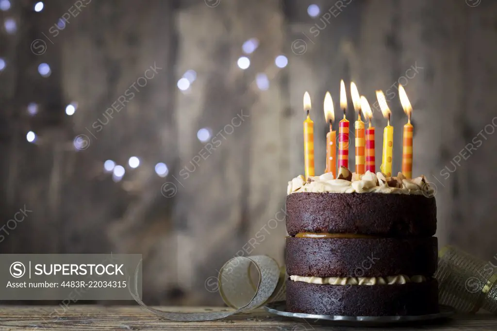 Chocolate birthday cake with candles