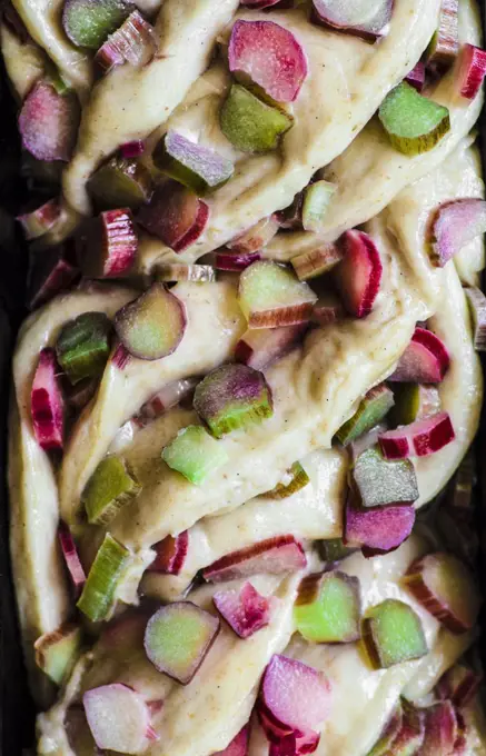 Rhubarb brioche twisted raw dough macro.