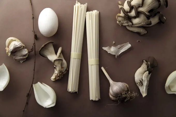 Asian cuisine ingredients on brown background. Monochromatic concept