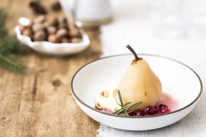 Cranberry Poached Pears with mascapone cheese dessert