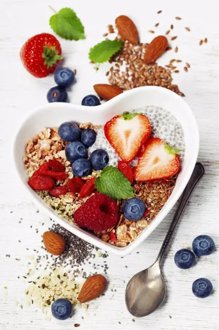 Healthy breakfast of muesli, berries with yogurt and seeds on white background - Healthy food, Diet, Detox, Clean Eating or Vegetarian concept.Top view