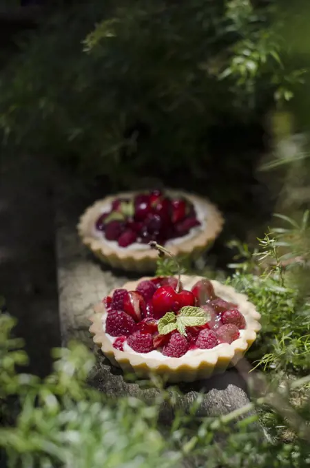 Cherry and raspberry tarts on a wooden rustic table