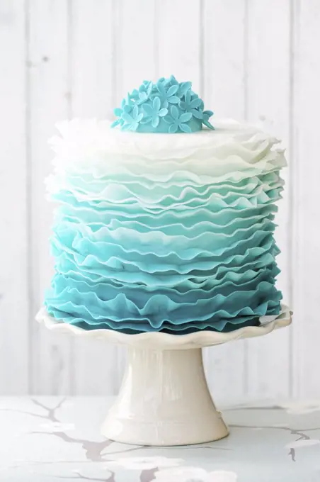 Ombre ruffle cake in shades of blue