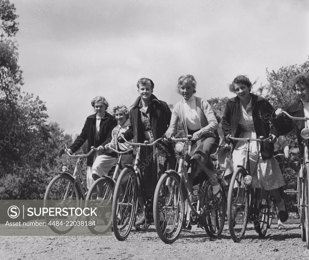 1950s cyclists. A group of young women on their bicycles. Swedish princess Birgitta far left. Sweden 1950