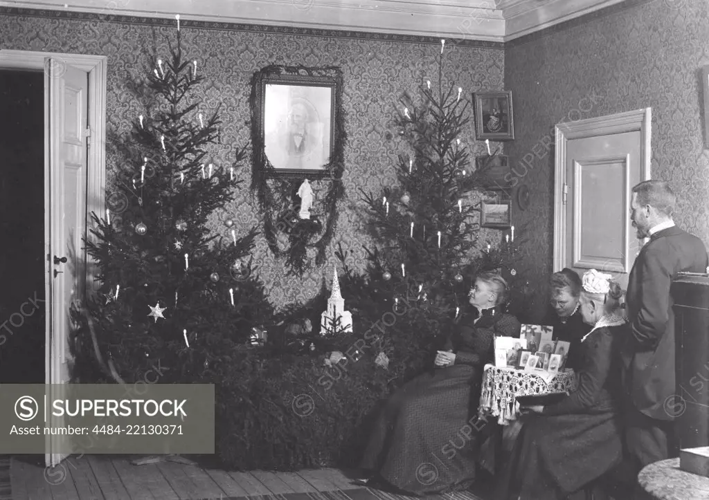 Christmas 1896. A family has gathered to celebrate christmas and they have two christmas trees with lit candles in them to enjoy. On the table a christmas nativity scene is built up with a church and other objects. Sweden 1896