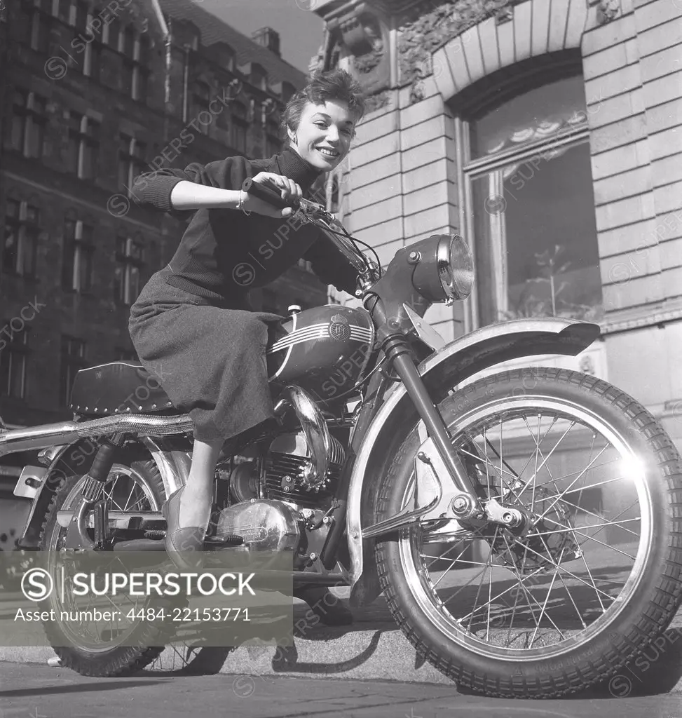 Margit Carlqvist , swedish actress, born 1932, pictured here on a Husqvarna motorcycle model 281 sport, 1954. Photo Kristoffersson Ref BO53-6