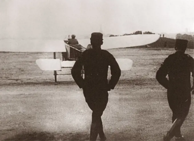 The flight that is referred to as the start of the swedish aviation history. On september 18 1910, baron Carl Cederström made his first flight after having finished a french flying school. He was the first airplane aviator in Sweden with certificate number 1. Pictured the start moment on a grass airfield in Stockholm.