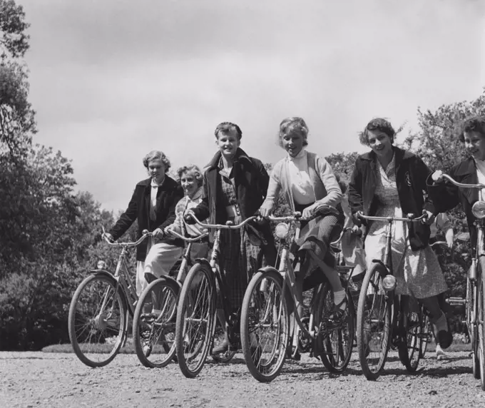 1950s cyclists. A group of young women on their bicycles. Swedish princess Birgitta far left. Sweden 1950