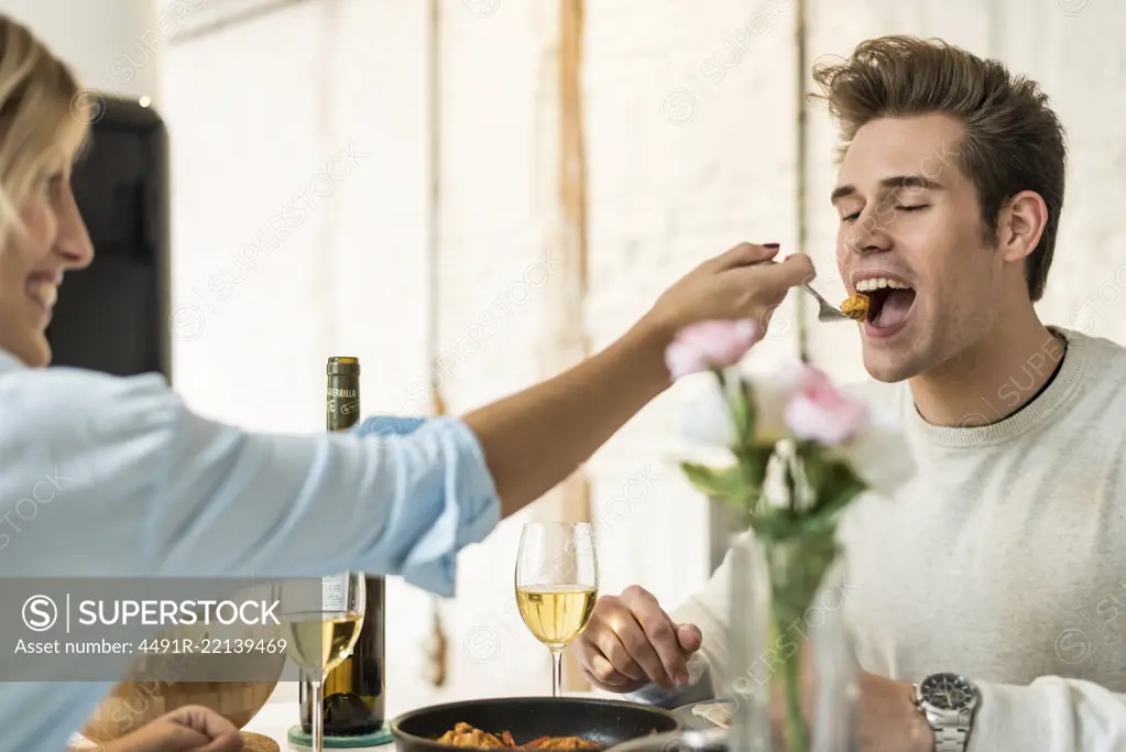 happy young couple having dinner at home