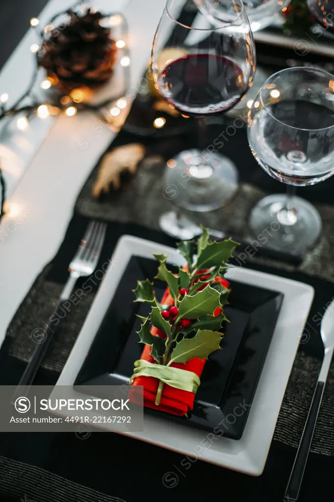 Decorated table for two people for Christmas dinner