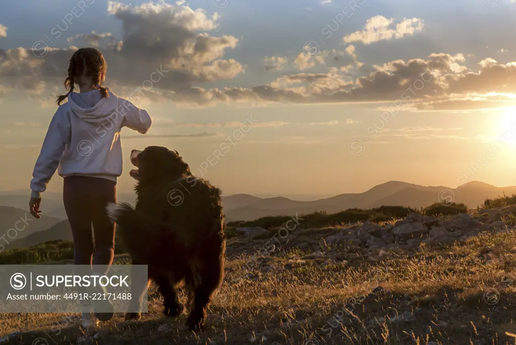 Beautiful little girl and her dog playing at sunset together