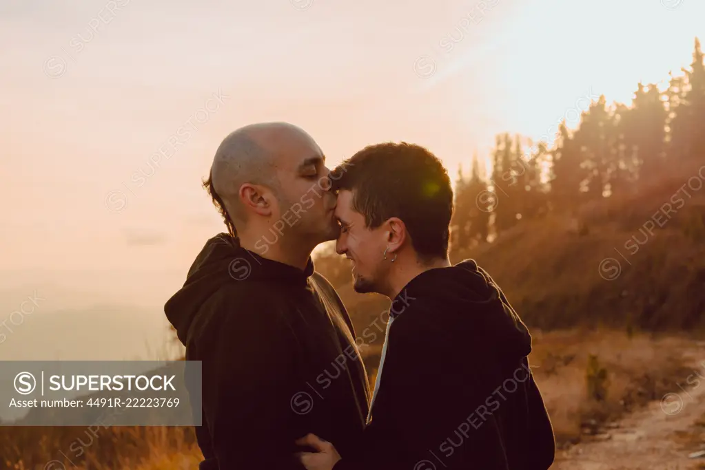 Side view of homosexual couple hugging and kissing on path in forest in sunny day