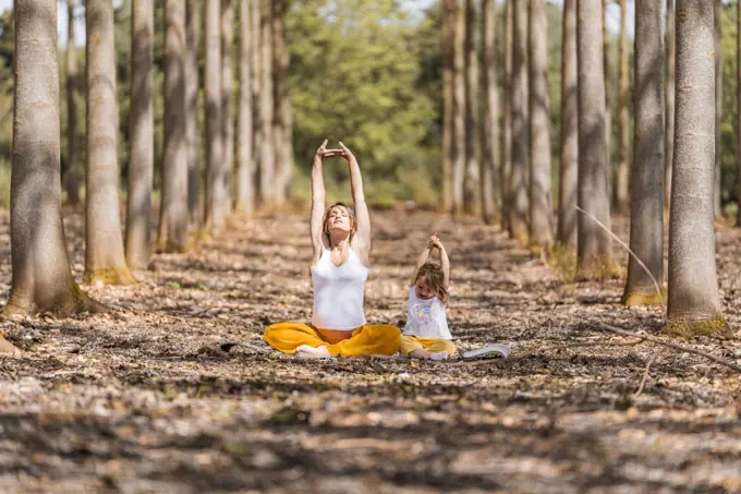 Adult pregnant woman and little girl with closed eyes in white shirts and yellow pants stretching body while sitting on ground and practicing yoga in glade among trees in forest during sunny day