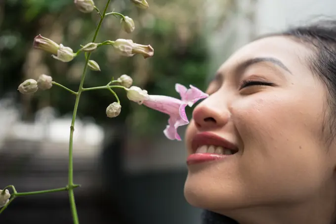 Charming Asian female on vacation sniffing flower at city street