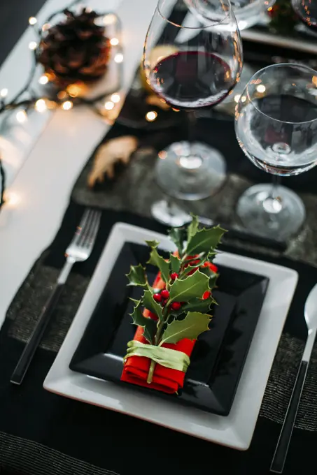 Decorated table for two people for Christmas dinner