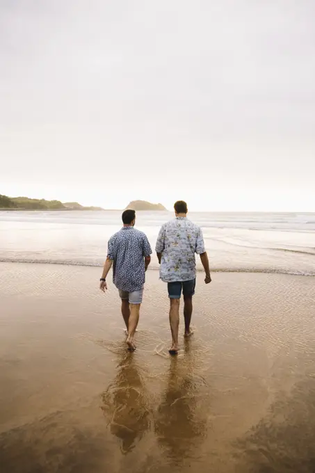 Back view of two men walking together to sea water on coast.