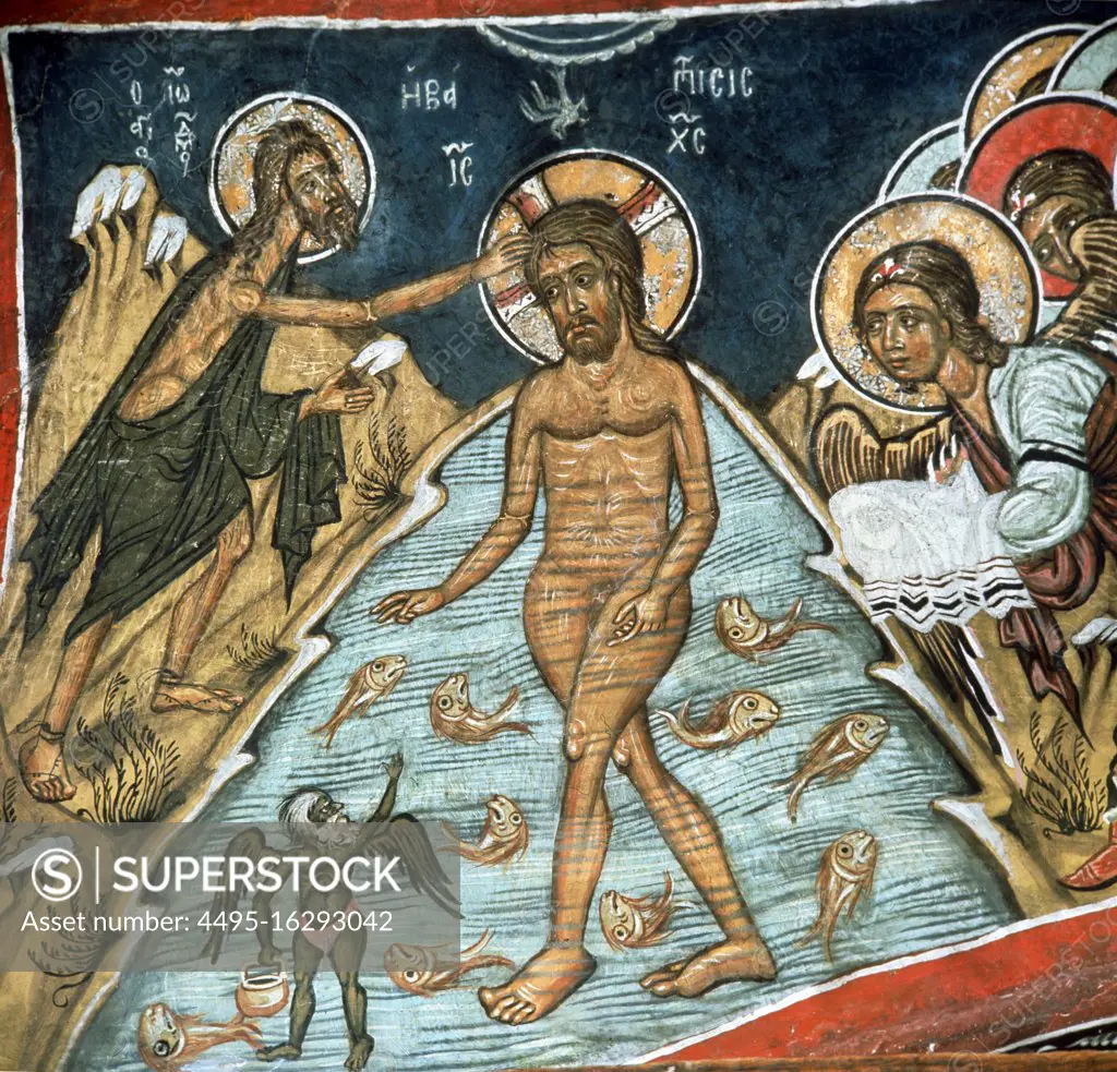 Baptism of Christ, 14th century wall painting  in the Church of Panagia Phorbiotissa, Asinou, Cyprus