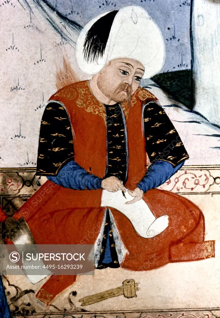 Selim II writing a letter after the death of Suleyman, 16th century miniature from ms H.1339 p 41A, Topkapi Palace Museum, Istanbul, Turkey