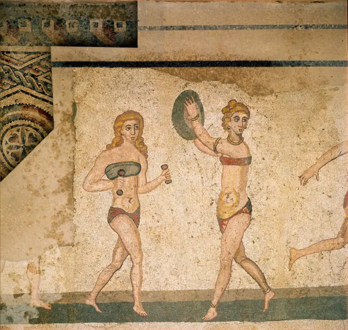 Bikini girls, mosaic Piazza Armerina, Sicily, Italy 3-4th century AD