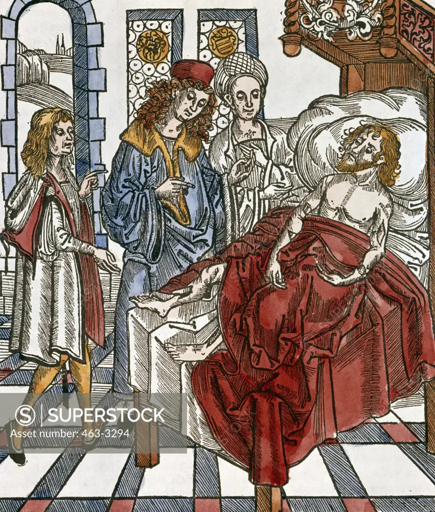 Doctor with Assistants at the Sickbed,  by Hieronymus Brunschwig,  1497,  (15th Century)