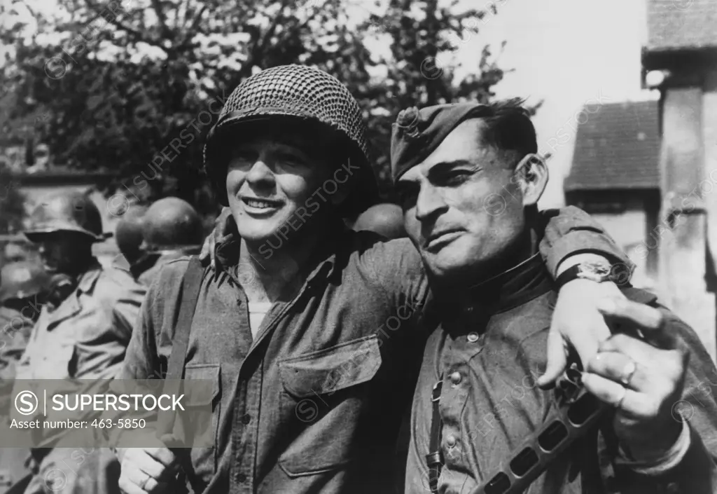 U.S and Soviet Soldier After the First Meeting Between  U.S and Soviet Troops  Targau, Germany April 25, 1945