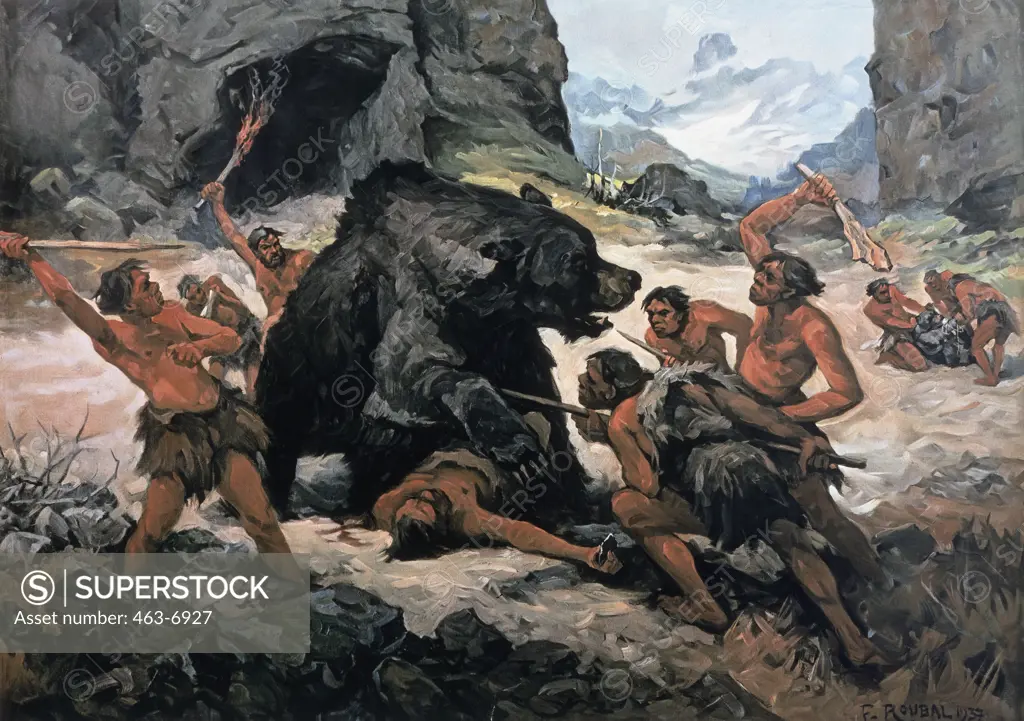Cavemen Hunting a Bear 1937 F. Roubal Colored print