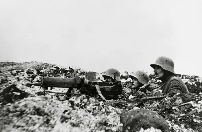 German machine gun squad in a trench, Western Front, World War I, November, 1917