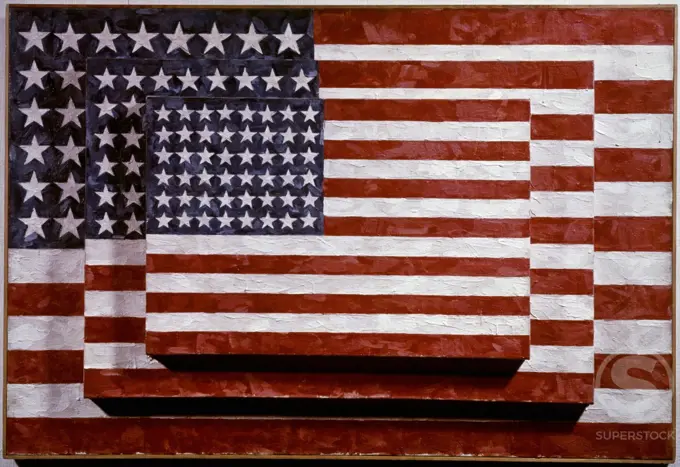 Three Flags by Jasper Johns, Encaustic collage, 1958