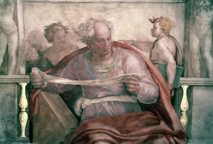 Prophet Joel, The: Sistine Chapel  Buonarroti, Michelangelo(1475-1564 Italian) Sistine Chapel, Vatican City 