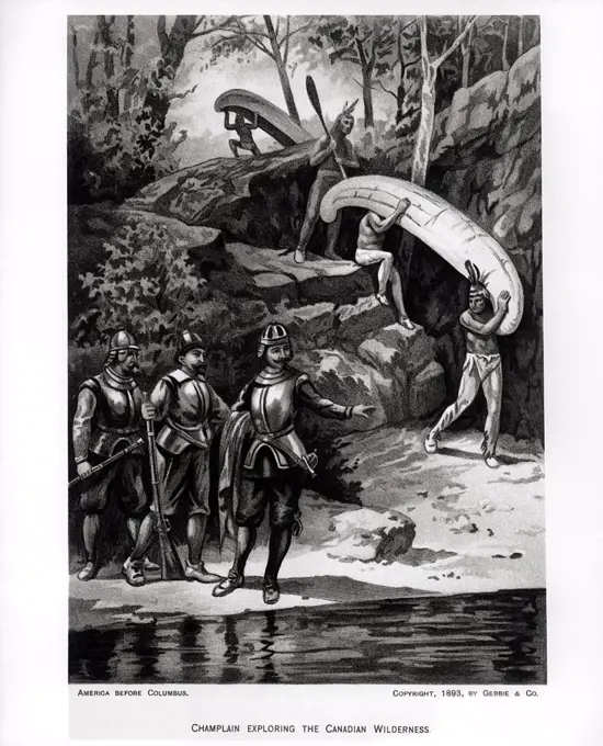 Champlain Exploring the Canadian Wilderness, 1603, from 'The American Continent and its Inhabitants Before its Discovery by Columbus' by Anne C. Cady, 1893 19th Century American School Lithograph Library of Congress, Washington, D.C., USA