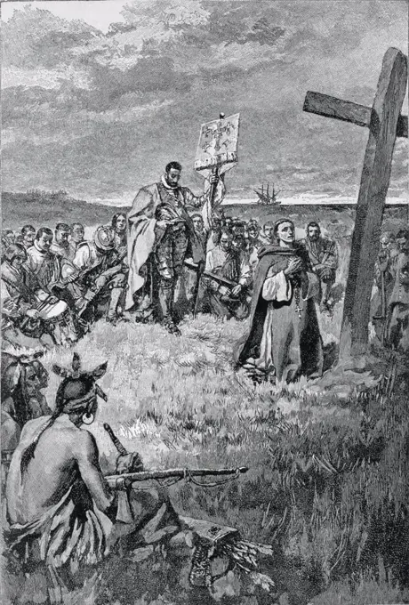 Jacques Cartier (1491-1557) Setting Up A Cross At Gaspe 1883 Pyle, Howard(1853-1911 American) Lithograph Private Collection 