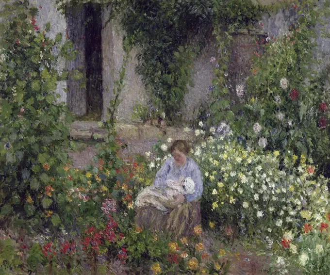 Mother and Child in the Flowers 1876 Camille Pissarro (1830-1903 French) Oil on canvas