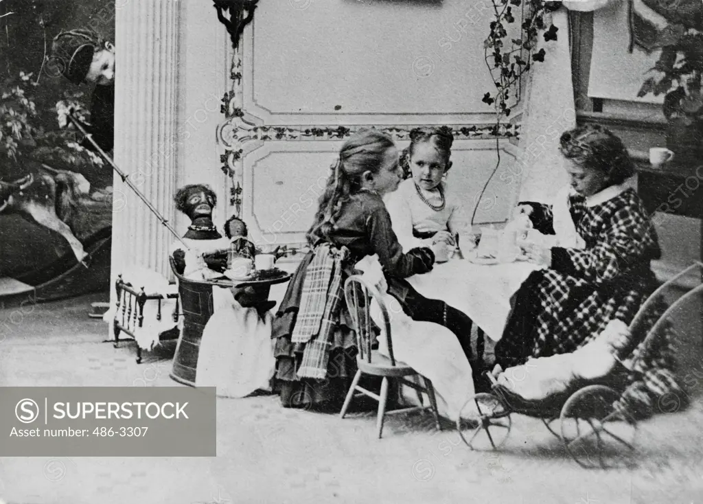 Boy peeking at playing girls, circa 1870