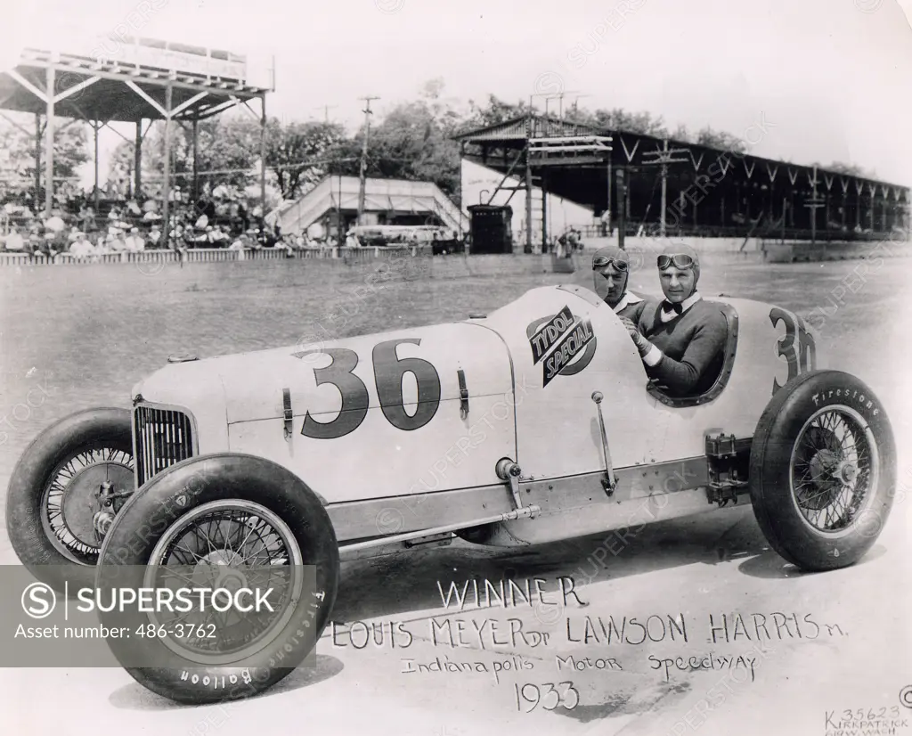 Portrait of Louis Meyer and Lawson Harris in race car