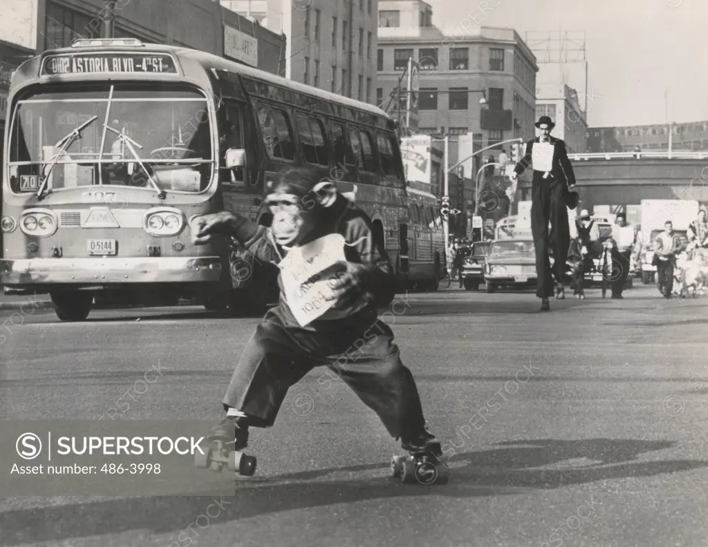 Movie scene with chimp roller skating on busy street