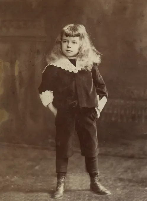 USA, Rhode Island, Newport, Portrait of boy dressed up as page, 1900