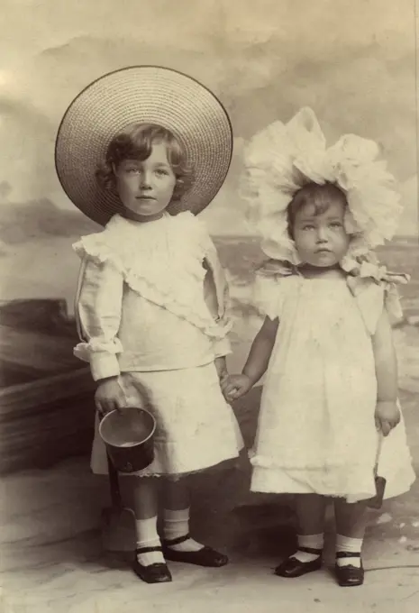 USA, New York, New York City, Portrait of two girls, 1896