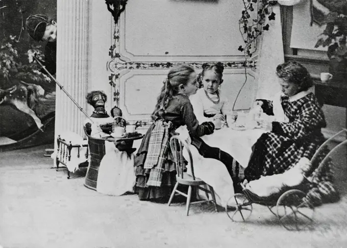 Boy peeking at playing girls, circa 1870